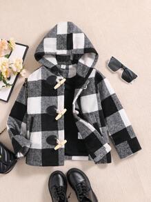 SHEIN Young Girl Buffalo Plaid Print Hooded Duffle Overcoat - Black and White - View 3