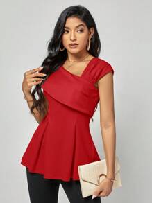 SHEIN Clasi Solid Asymmetrical Neck Fold Pleated Detail Tee