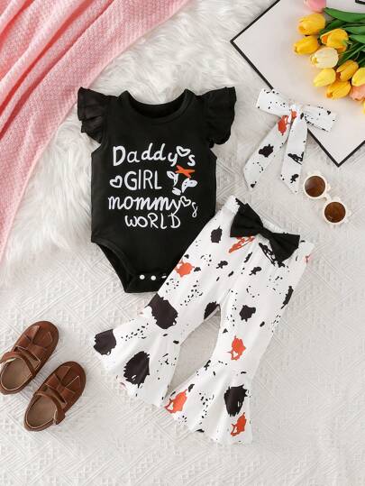 SHEIN 女嬰字母圖案荷葉邊連身背心&前蝴蝶結喇叭褲＆ 頭巾