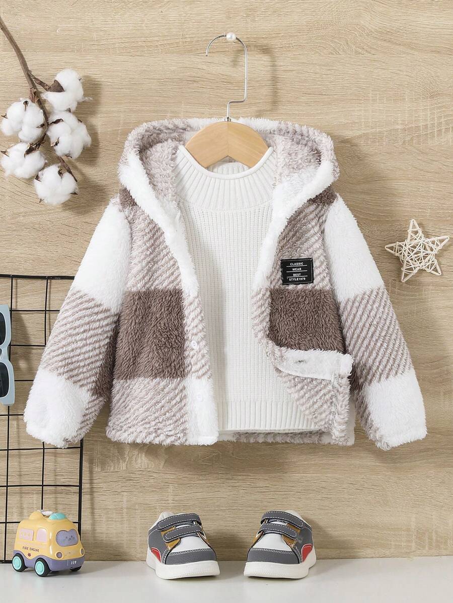 SHEIN Đứa bé trai In kẻ sọc Buffalo Chi tiết vá áo có mũ Áo khoác Teddy Không có áo len - Nhiều màu - Xem 1