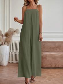SHEIN LUNE 素色闊腿吊帶連體褲 - 綠色 - 查看 6