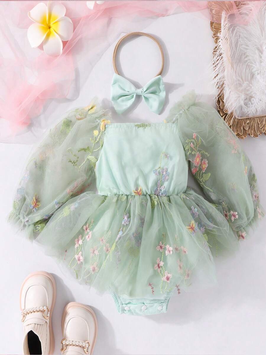女嬰花卉刺繡網紗覆蓋派對連體衣連衣裙＆ 頭巾 - 薄荷綠 - 查看 1