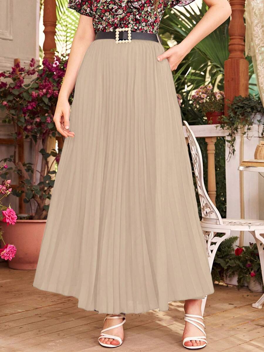 Modelyn Solid Pleated Belted Maxi Skirt - Khaki - View 1