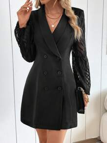 SHEIN Clasi Lưới tương phản Đôi ngực Khăn quàng Tay áo lồng đèn Đầm - màu đen - Xem 6