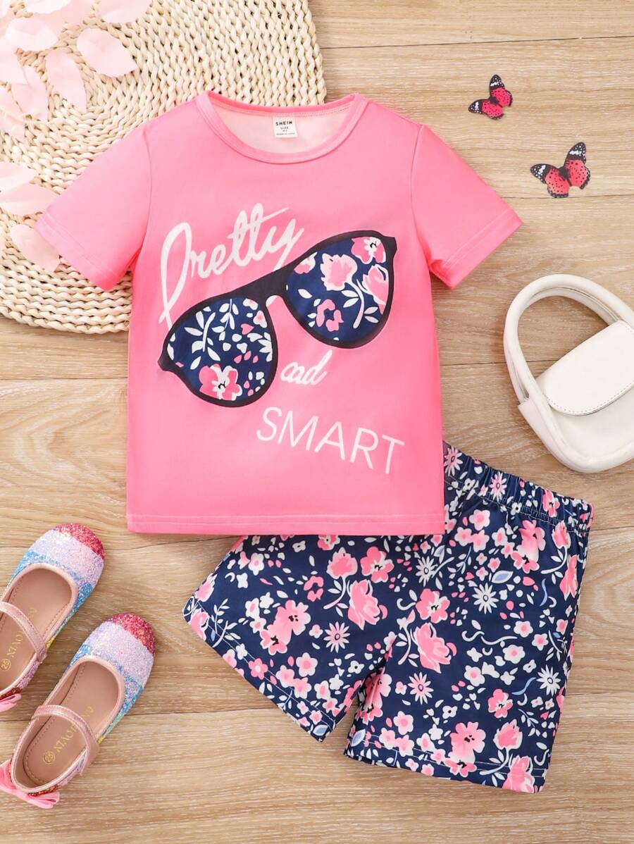 SHEIN 女小童字母和花卉印花T恤和短褲 - 玫紅色 - 查看 1