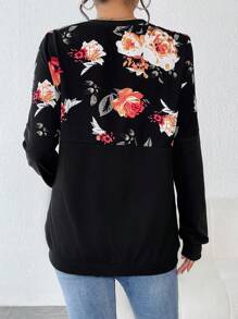 SHEIN 圓領花卉印花拼布寬鬆雙拉鍊孕婦及哺乳期運動連帽衫 - 黑色 - 查看 2