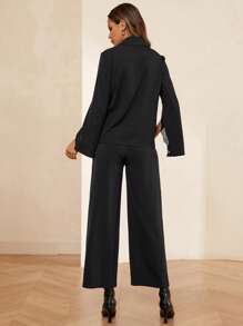 SHEIN Clasi Lapel Neck Lace Trim Split Sleeve Open Front Coat - Black - View 2