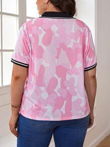 Mindsi Plus Heart and Letter Graphic Striped Trim Polo Neck Tee - Multicolor - View 2