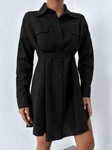 RueChic Drop Shoulder Flap Pocket Shirt Dress - Black - View 3