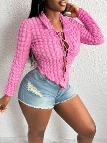 Slaydiva Lace Up Front Asymmetrical Hem Crop Tee