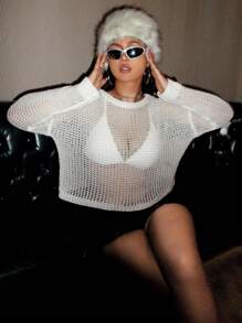 SHEIN ICON Plus Drop Shoulder Open Knit Sweater Without Bra