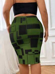 SHEIN Clasi Plus Geo Print Pencil Skirt - Army Green - View 2