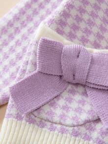 Đứa bé gái Đồ họa Houndstooth Nơ mặt trước Áo len Mở - Màu tím - Xem 3