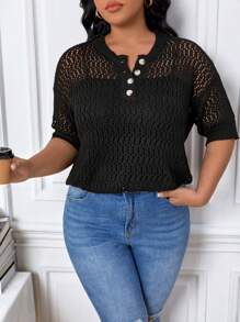 Calvaya 大碼半排扣網眼針織上衣 - 黑色 - 查看 1