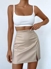 EURMUSE Women's Solid Color High Waist Side Slit Hem PU Leather Mini Skirt - Apricot - View 3