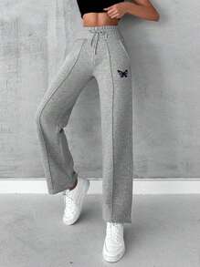 SHEIN Cottnline Butterfly Embroidery Drawstring Waist Seam Detail Sweatpants - Light Grey - View 3