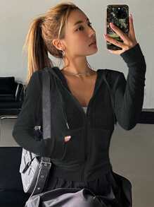 DAZY Zip Up Drawstring Hooded Sweatshirt,Long Sleeve Tops Jacket - Black - View 1