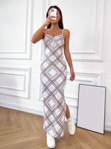 SHEIN Unity 格紋印花吊帶連衣裙 - 杏色 - 查看 3