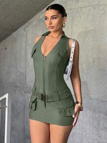 SHEIN ICON Zip Up Belted Bodycon Dress - Army Green - View 6