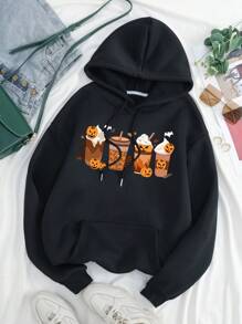 SHEIN EZwear Halloween Print Kangaroo Pocket Drawstring Thermal Lined Hoodie - Black - View 1