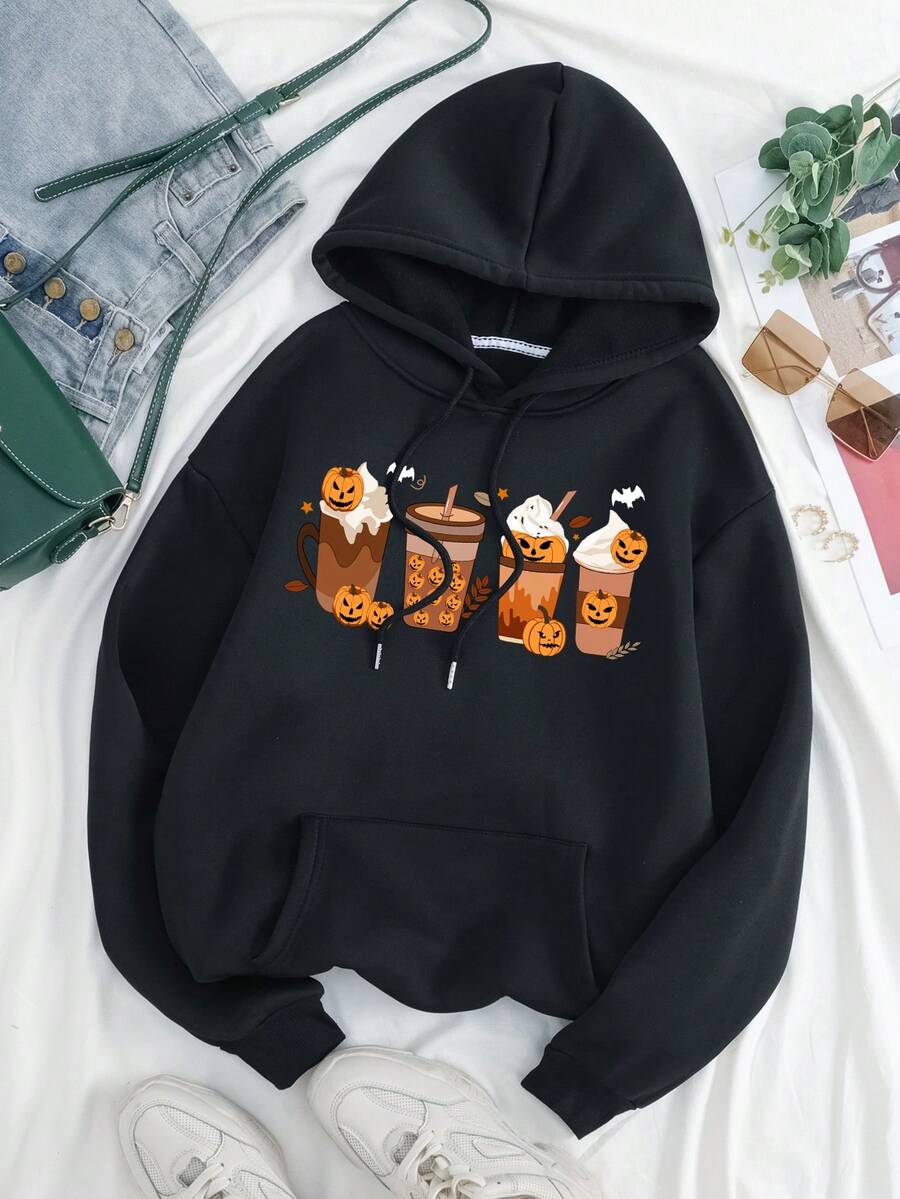 SHEIN EZwear Halloween Print Kangaroo Pocket Drawstring Thermal Lined Hoodie - Black - View 1