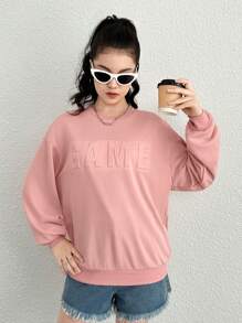 Teen Girl Letter Embossed Drop Shoulder Sweatshirt - Dusty Pink - View 3