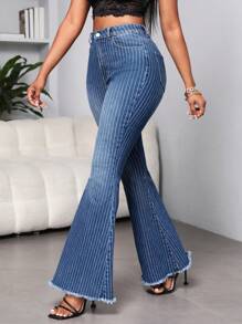 SHEIN SXY Striped Print Raw Hem Flare Leg Jeans - Dark Wash - View 4