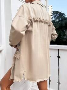 SHEIN Cottnline Geo Embroidery Raw Trimmed Tassel Detail Coat - Khaki - View 2