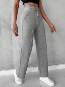 SHEIN Cottnline Butterfly Embroidery Drawstring Waist Seam Detail Sweatpants - Light Grey - View 5