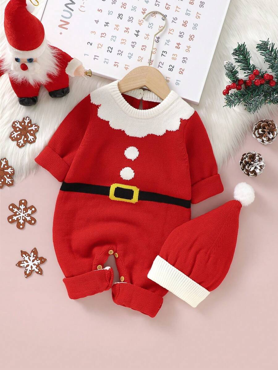 Baby Girl Christmas Pattern Knit Jumpsuit & Hat - Red - View 1