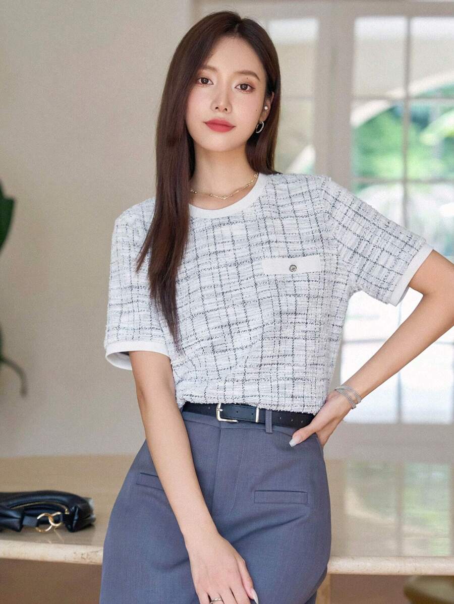 DAZY Camiseta A Cuadros Con Detalle De Solapa - Gris - Ver 1