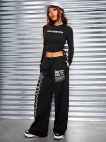 SHEIN EZwear Letter Graphic Drawstring Side Crop Tee & Pants - Black - View 7