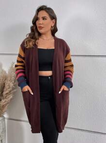 SHEIN LUNE Áo khoác cardigan họa tiết sọc cỡ lớn thả vai - Màu nâu Sô-cô-la - Xem 6