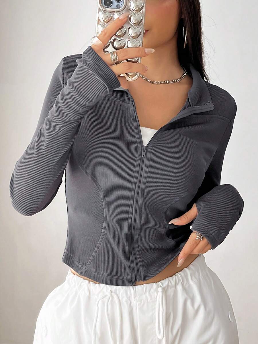 SHEIN EZwear Zip Up Crop Jacket - Dark Grey - View 1