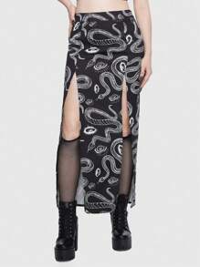 ROMWE Goth Snake Print Split Thigh Skirt - Black - View 1