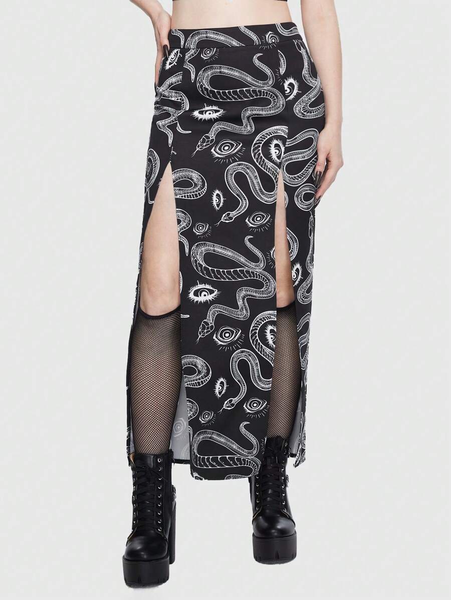 ROMWE Goth Snake Print Split Thigh Skirt - Black - View 1
