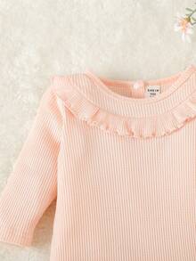Baby Girl Ruffle Trim Ribbed Knit Jumpsuit - Pink - View 4