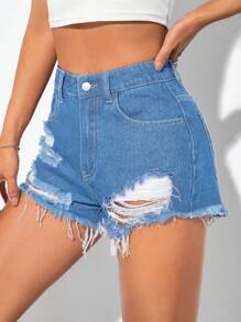 SHEIN PETITE 破洞毛邊牛仔短褲 - 淺色水洗藍 - 查看 6