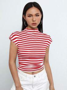 SHEIN EZwear Striped Print Batwing Sleeve Crop Tee - Red - View 6