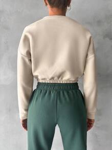 EURMUSE Letter Graphic Drop Shoulder Crop Sweatshirt - Beige - View 2