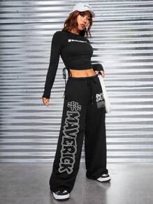SHEIN EZwear Letter Graphic Drawstring Side Crop Tee & Pants - Black - View 4