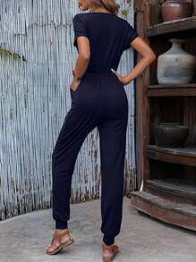 SHEIN Clasi Solid Knot Front Slant Pocket Tee Jumpsuit - Blue - View 2