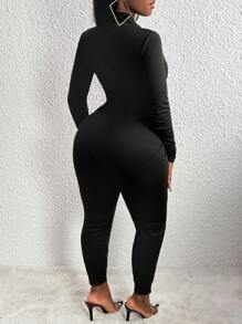 Slaydiva Zip Up Plunging Neck Unitard Jumpsuit - Black - View 2