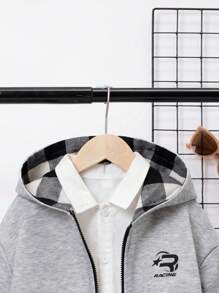 SHEIN Tween Boy Plaid Print Zip Up Hooded 2 In 1 Coat Without Shirt - Light Grey - View 4