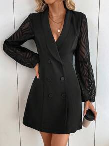 SHEIN Clasi Lưới tương phản Đôi ngực Khăn quàng Tay áo lồng đèn Đầm - màu đen - Xem 4