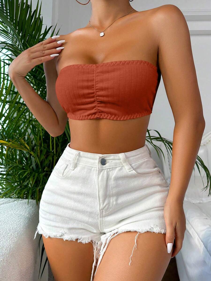 SHEIN 素色胸部褶皺抹胸胸罩 - 紫紅色 - 查看 1