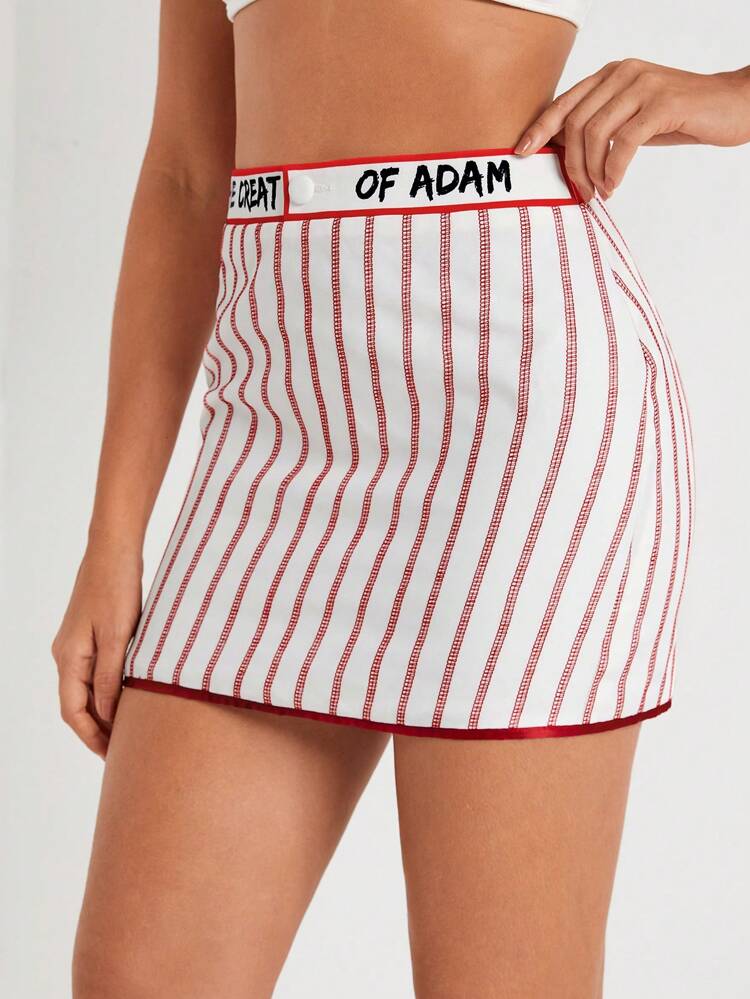 Designer Striped Print Letter Tape Waist Contrast Binding Elegant Skirt, For Summer, Holiday, Party, Vacation, Beach, Festival, Ibiza Fits
