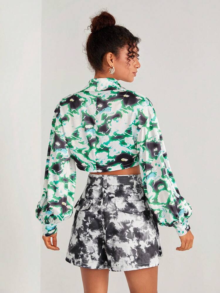 Designer Business Casual Allover Print Long Sleeve Crop Shirt, For Holiday, Vacation, Spring, Beach, Festival, Ibiza Fits, Office