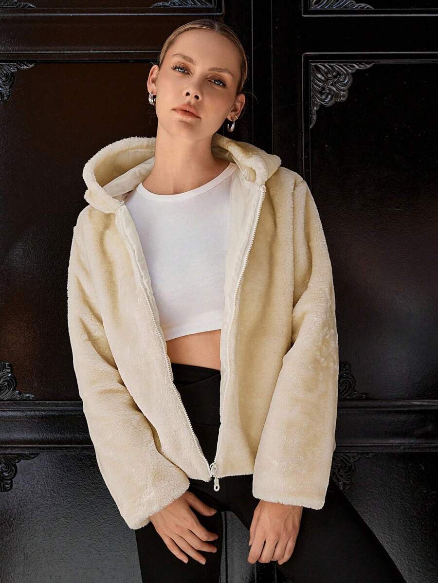 SHEIN Cottnline Solid Zip Up Hooded Teddy Coat - Beige - View 1