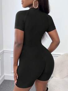 Slaydiva Cổ giả Tay Raglan Quần áo nịt Romper - màu đen - Xem 2